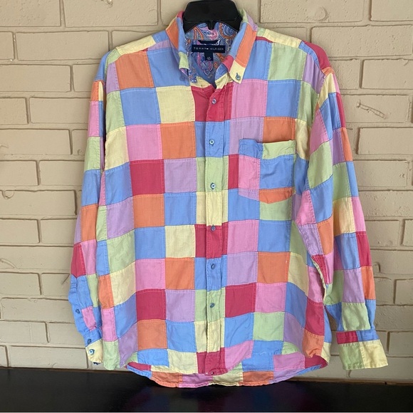 Y2K Tommy Hilfiger Button Down Linen Shirt Madras Patchwork Contrast Cuff Size L - Picture 1 of 8